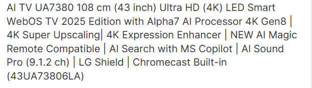 LG 43" Inches 4K Ultra HD Model No: 43UA73806LA