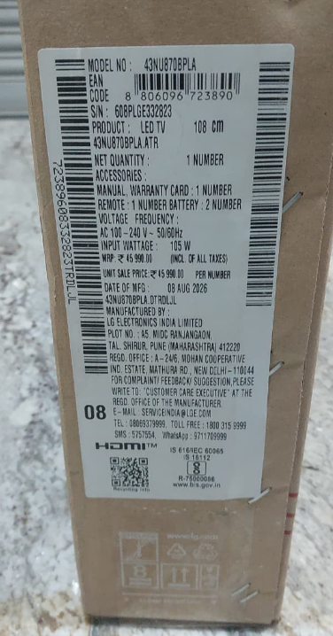 LG 43 4K Model No: 43NU870BPLA(2026)